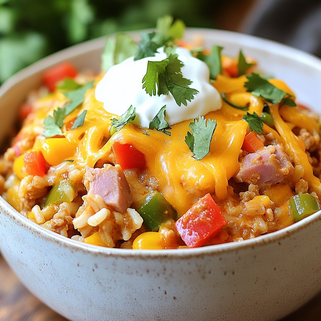 Cheesy Tex-Mex Turkey Ham and Rice Skillet Delight